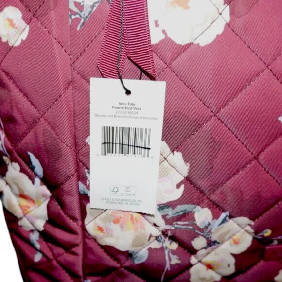 Vera Bradley Vera Tote in Blooms & Branches Quilted Bag Travel Burgundy Peonies - Picture 7 of 7